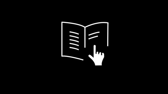 Open Book Hand Pointer Icon Reading Guide Manual Instruction Tutorial Education Learning Study Knowledge Library Teal Line Art Dark Background Animation Loop Video