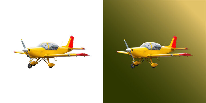 A small yellow single-engine propeller airplane with red accents on the tail and wings, isolated on a white background, for aviation concepts