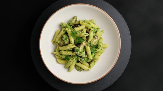 Penne macaroni pasta with broccoli pesto sauce and fresh shiitake mushrooms in white plate.