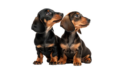 Two adorable small dachshund puppies dogs sitting together looking sideways alerts isolated on transparent background. © Daniel