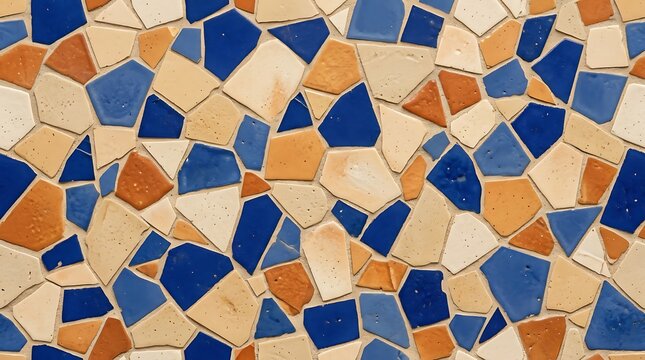 Mosaic ceramic tile texture pattern, blue orange beige mosaic background, broken ceramic tile wall art for design