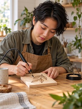 Young Asian person meticulously woodburning a simple leaf pattern onto a small wooden plaque with a woodburning tool in a bright, plant-filled workshop; artistic pyrography technique