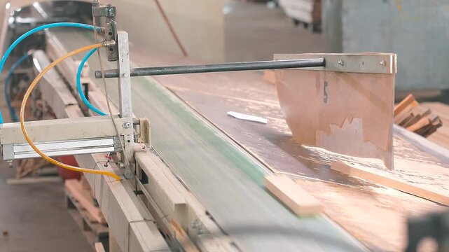 Automated sorting and alignment of wooden lamellas on a conveyor belt in a furniture factory workshop. Timber preparation and transport process for edge-glued panel manufacturing.