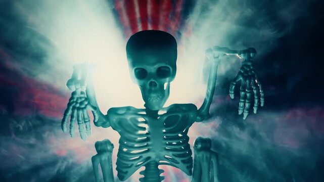 Spooky Skeleton Backlit By Glowing Light Rays And Smoke