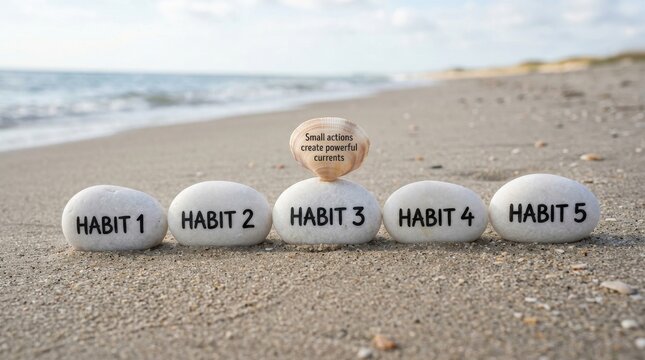 Stones labeled with habits on a beach with ocean waves