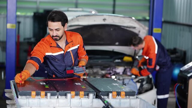 Bearded technician measures EV battery modules with a multimeter in the foreground while a colleague in orange coveralls leans into the open hood of a white car behind him