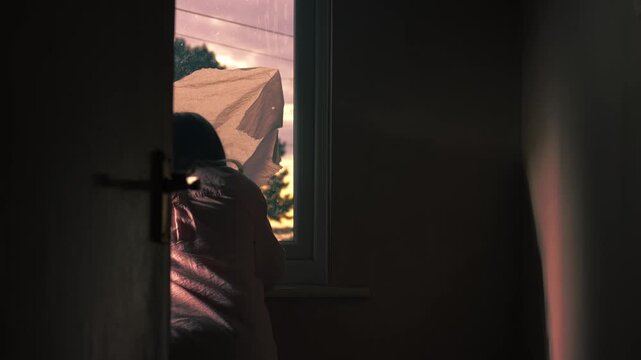 Woman looking through window through view of door