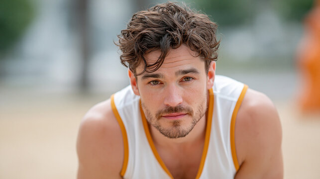Man leaning forward, catching breath after workout, wearing sleeveless athletic shirt, with blurred outdoor background and soft natural lighting