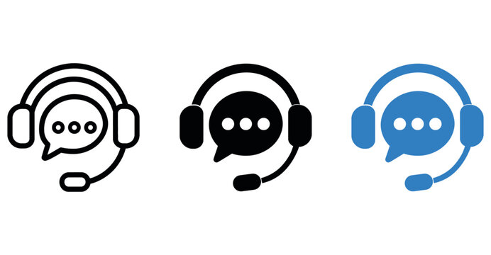 Customer service headset icons set with speech bubble symbol for support and online help services.