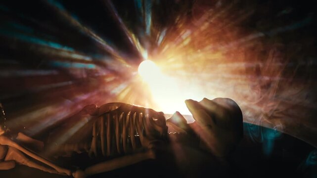 Spooky Skeleton Backlit By Glowing Light Rays And Smoke