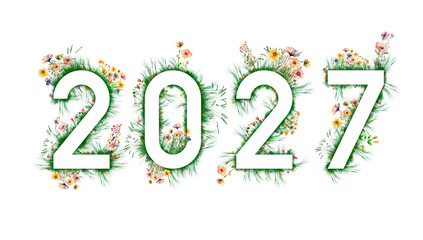Pastelowe kwiaty polne i zielona trawa układające się w napis rok: 2027 © Blue Pixel