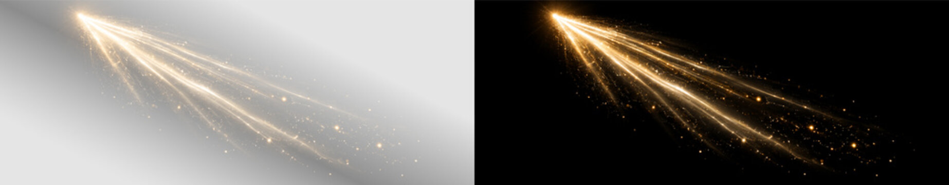 Radiant golden light beam PNG overlay with flowing streaks and luminous particle trail, on transparent background