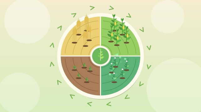 Crop rotation wheel for healthy soil, sustainable farming concept animation