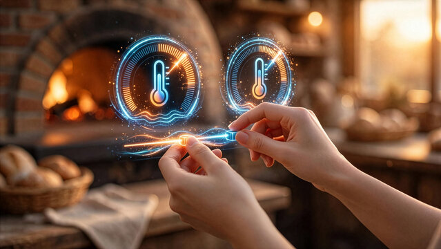 A baker adjusts smart digital thermometer holograms to monitor temperatures, blending traditional wood fired oven baking with futuristic intelligent kitchen technology.