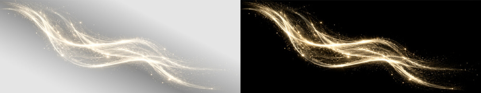 Golden glowing light leak PNG overlay with radiant curved waves and luminous flowing streaks, on transparent background