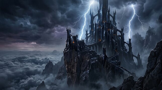 Dark obsidian castle on a jagged mountain cliff during a dramatic thunderstorm with lightning