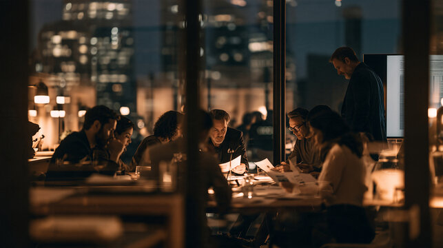 Evening view through glass door into illuminated interior