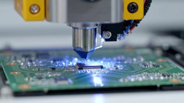 Automated machine soldering components onto circuit board. Electronics manufacturing and precision assembly. Industrial automation, robotics and technology production.