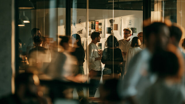 View through a glass door from an office corridor