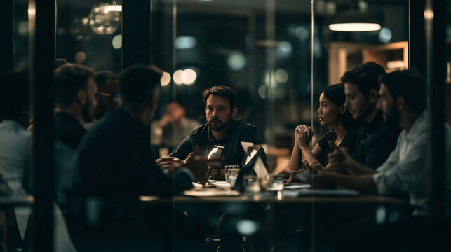 Tense business scene through conference room glass doors