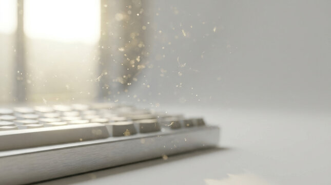 Laptop keyboard with dust motes dancing in warm sunlight creates quiet workspace atmosphere