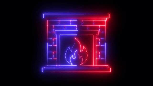 glowing neon brick fireplace icon with warm burning fire isolated on black background. representing burning fire hearth symbol, home interior warmth winter comfort design. 4k video animation.