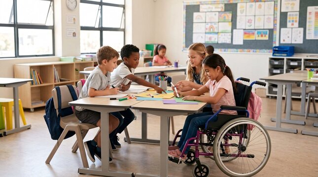 Diverse elementary school students collaborate on an art project in a bright classroom setting