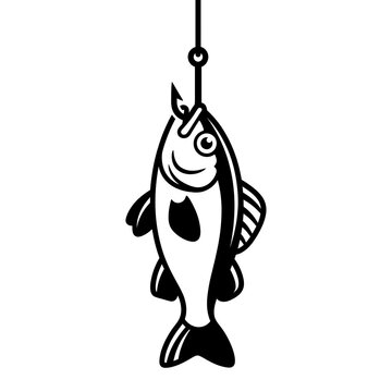 Fish Hanging from a Fishing Hook Black and White Vector Illustration