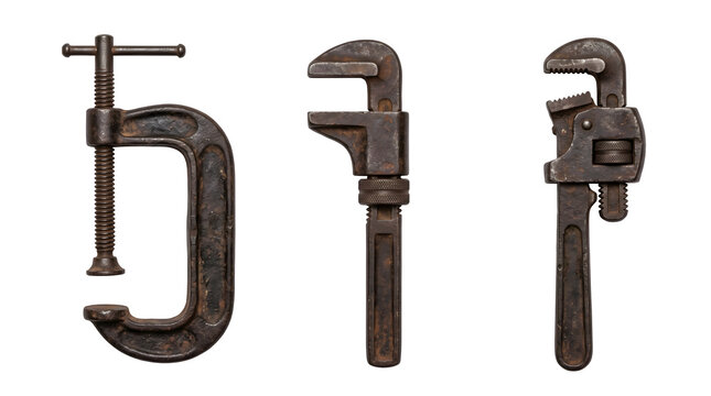 Vintage clamps and wrench displayed on transparent background