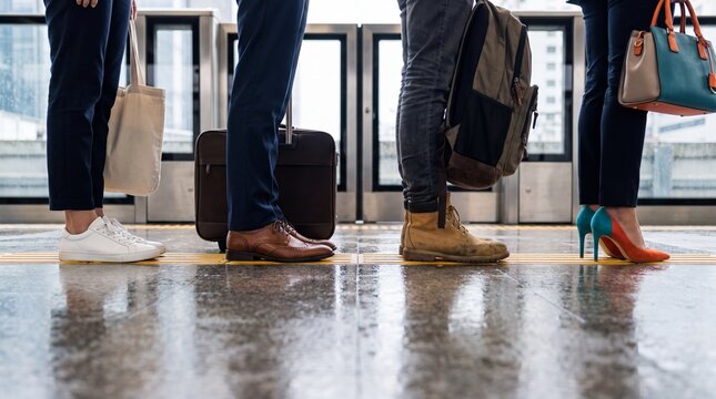 Travelers wait with luggage at an airport terminal