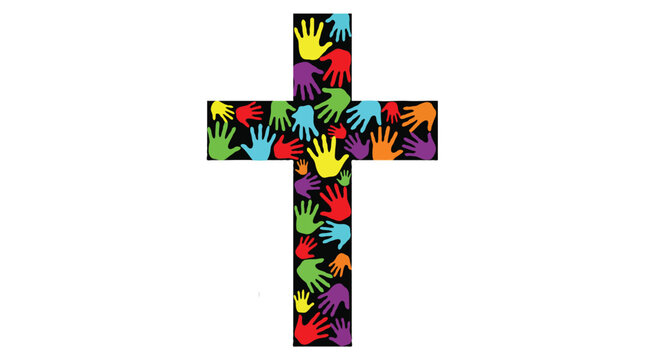 Black Christian cross decorated with colorful children's handprints