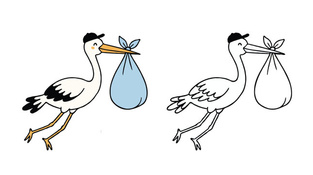 Cute stork carrying a baby bundle clip art in color and outline