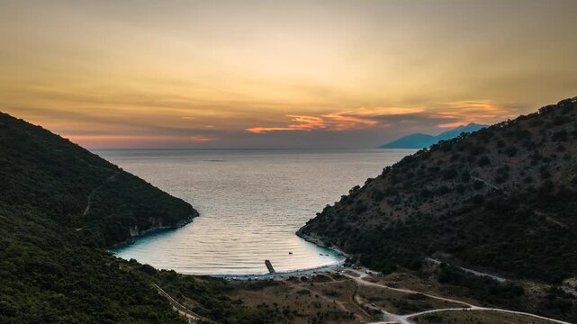 Sunset Over Kakome Bay Albania Aerial Hyperlapse