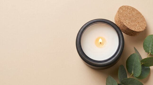 Burning scented candle in a black jar with a cork lid and green eucalyptus leaves on a beige background view
