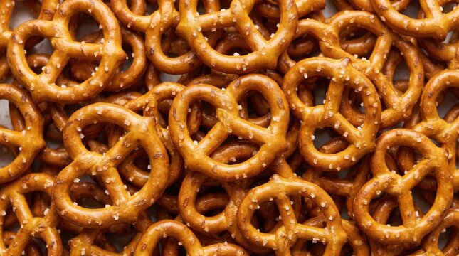 Close up overhead view of a large pile of golden brown baked pretzels sprinkled with coarse white sea salt grains creating a dense textured background pattern of knotted dough shapes