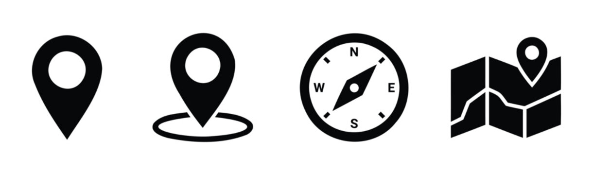 Set of black navigation and location icons featuring map pins a compass and a folded paper map
