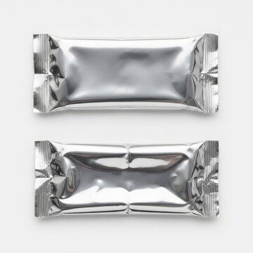 Two sealed packets of foil-wrapped chocolate or candy bars shown from different angles.