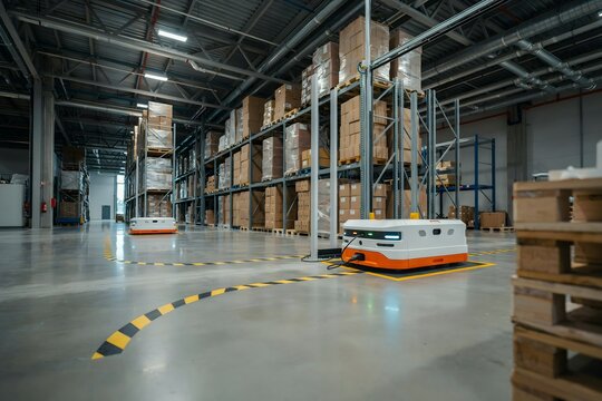 Autonomous Delivery Robots Navigating a Warehouse with Shelving and Stocked Boxes