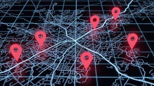 Animated map with location pins marking multiple points. Digital navigation and geolocation. Mapping technology, route planning and spatial data. Urban network visualization.