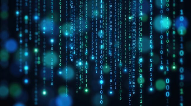 Vertical streams of glowing blue and green binary code digits falling against a dark background with soft out of focus bokeh light circles and digital data patterns