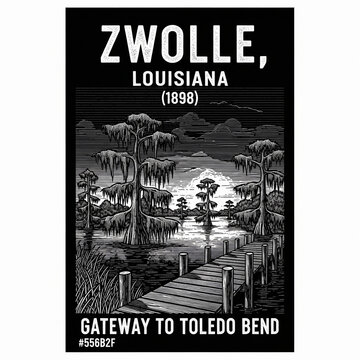 A vintage monochrome travel poster depicts the scenic cypress swamp landscape of Zwolle Louisiana established in eighteen ninety eight near the famous recreational reservoir and popular fishing