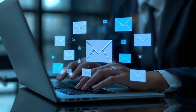 Email notification concept showing a professional using a laptop with digital mail icons and unread alerts, representing communication, inbox management, online messaging, business correspondence,