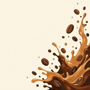 Coffee beans in motion with brown splash on a light background