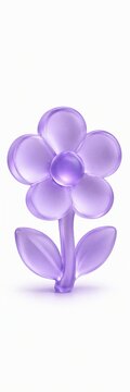 Glossy translucent purple cartoon flower with five petals and two leaves isolated on white background