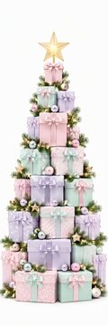 Stack of pastel gift boxes arranged in shape of Christmas tree with star topper