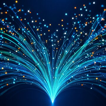 Colorful fiber optic light strands radiating outward on dark blue background