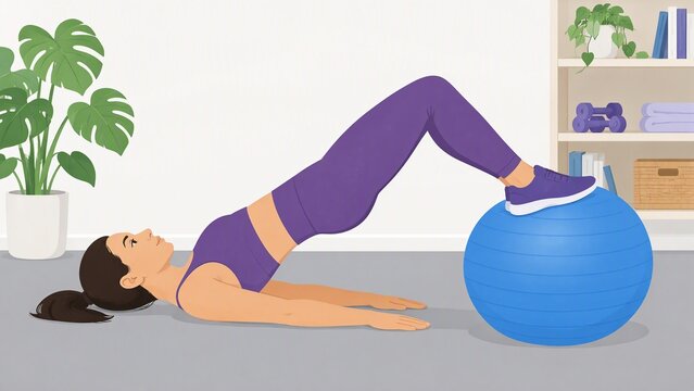 Woman doing glute bridge exercise with feet on a blue stability ball indoors