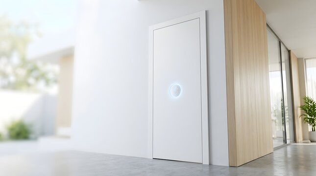 Modern white smart door with glowing futuristic touch sensor in minimalist interior hall