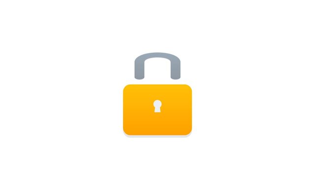 2D animated vector icon of locked padlock with extended shackle sliding up behind the body, breaking apart, and revealing a checkmark