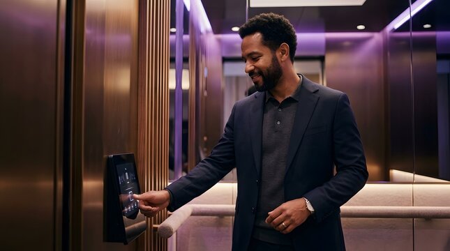 Professional man using digital touchscreen inside a modern elevator